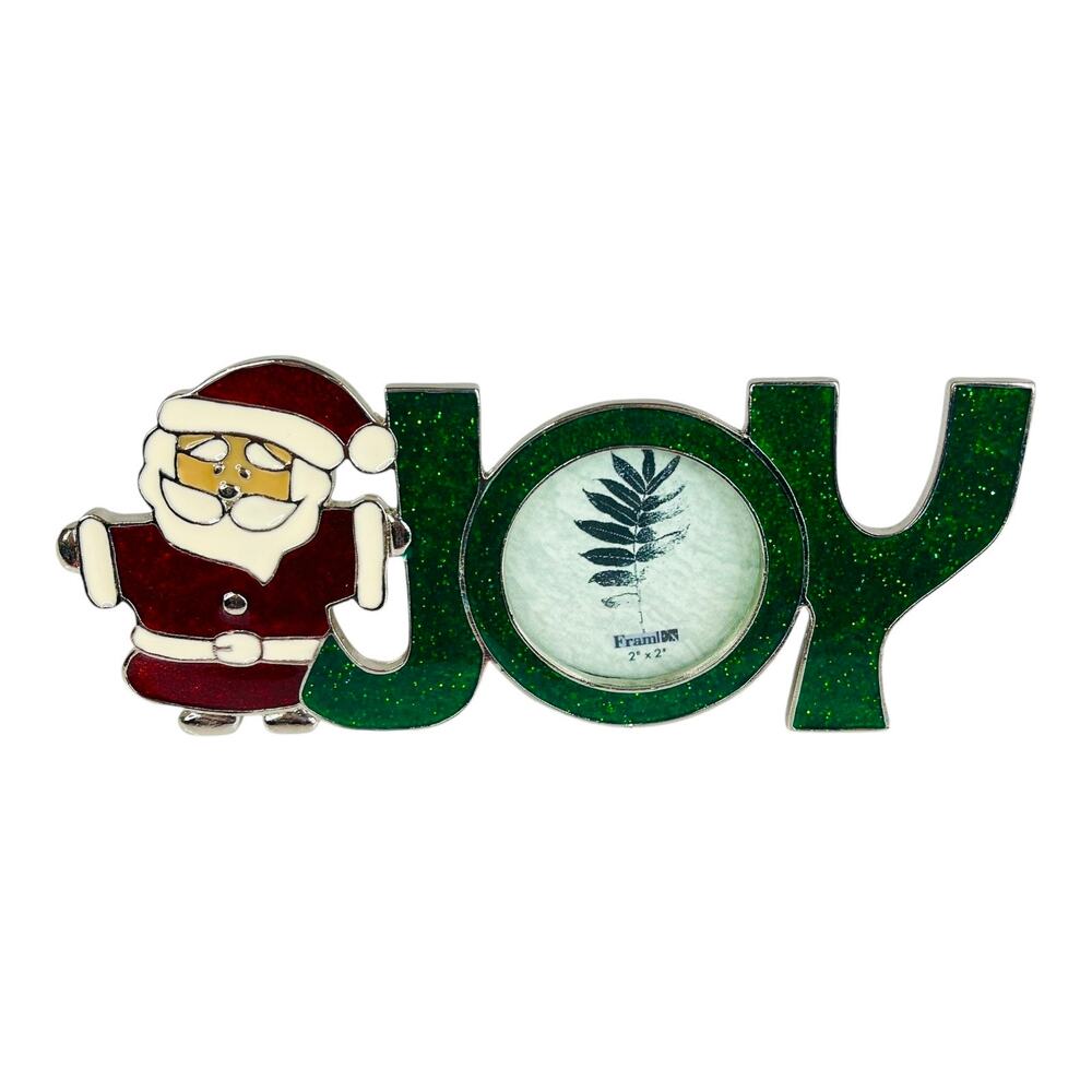 Santa Joy Picture Frame 6.5” Christmas Decor Holds 2” Round Photo Glitter Vtg